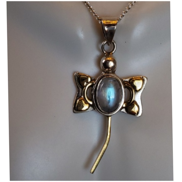 Genuine 3ct Rainbow Moonstone Dragonfly Pendant - Picture 2 of 6